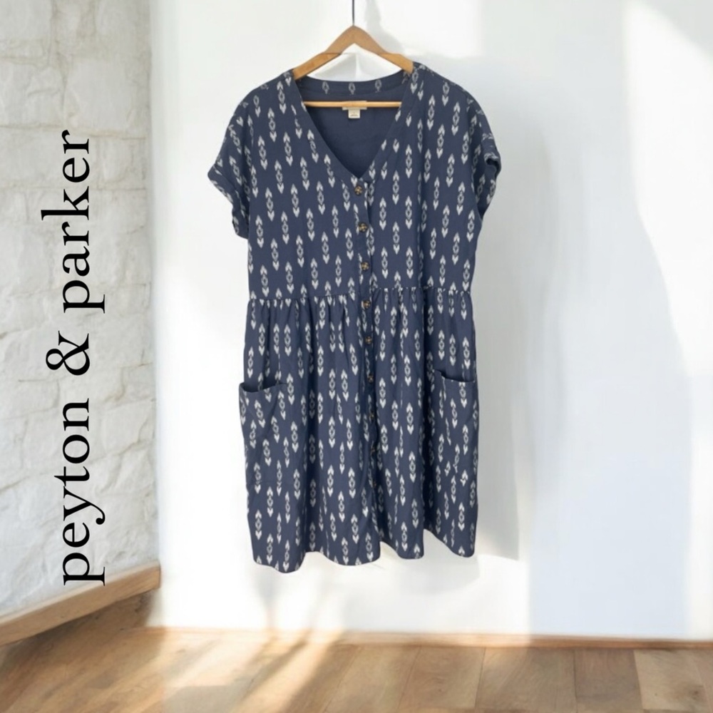 Peyton & Parker Blue Linen Short Sleeve Dress w/ Pockets, L